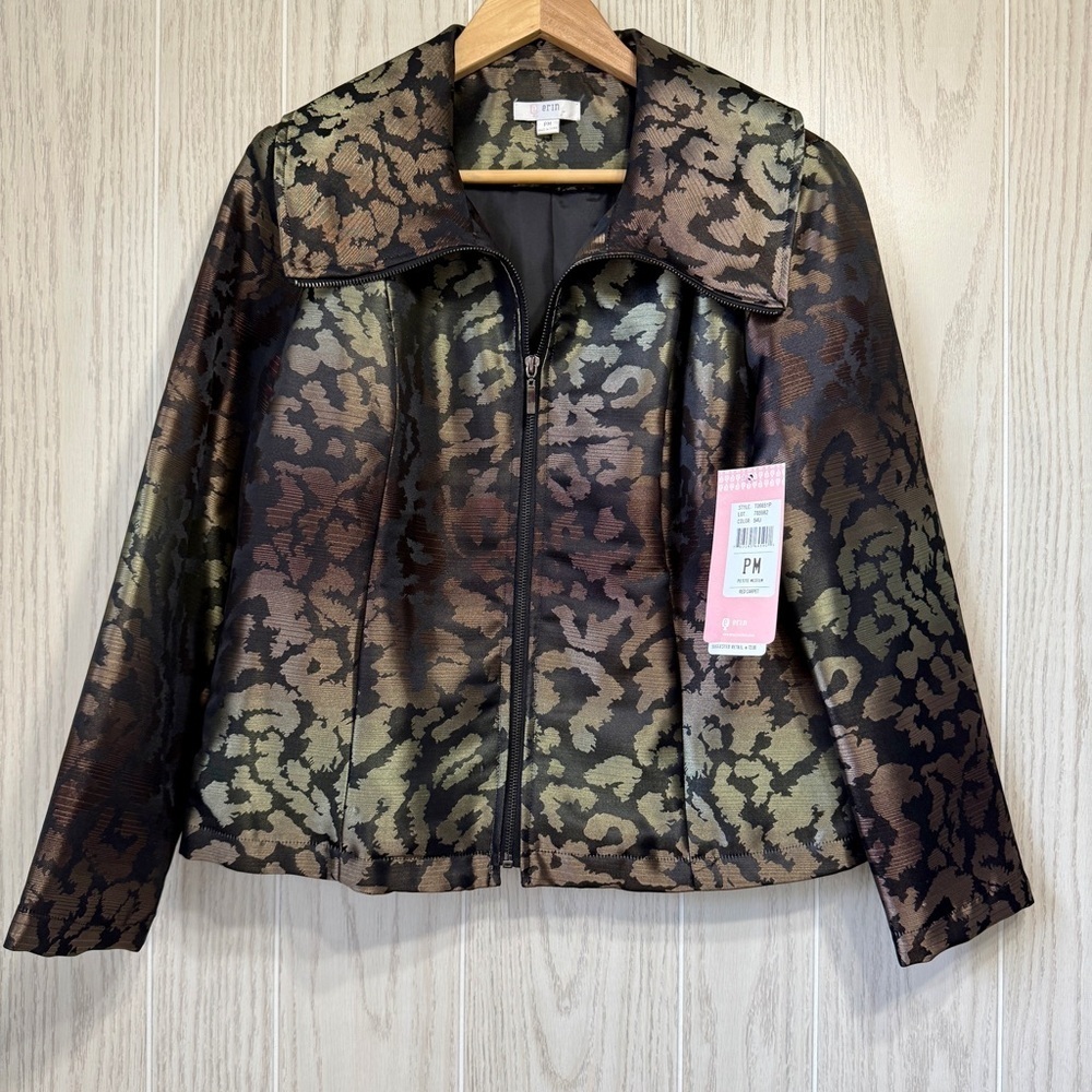 Erin London Jacket Medium Petite Animal Print Lined Full Zip Leopard Metallic